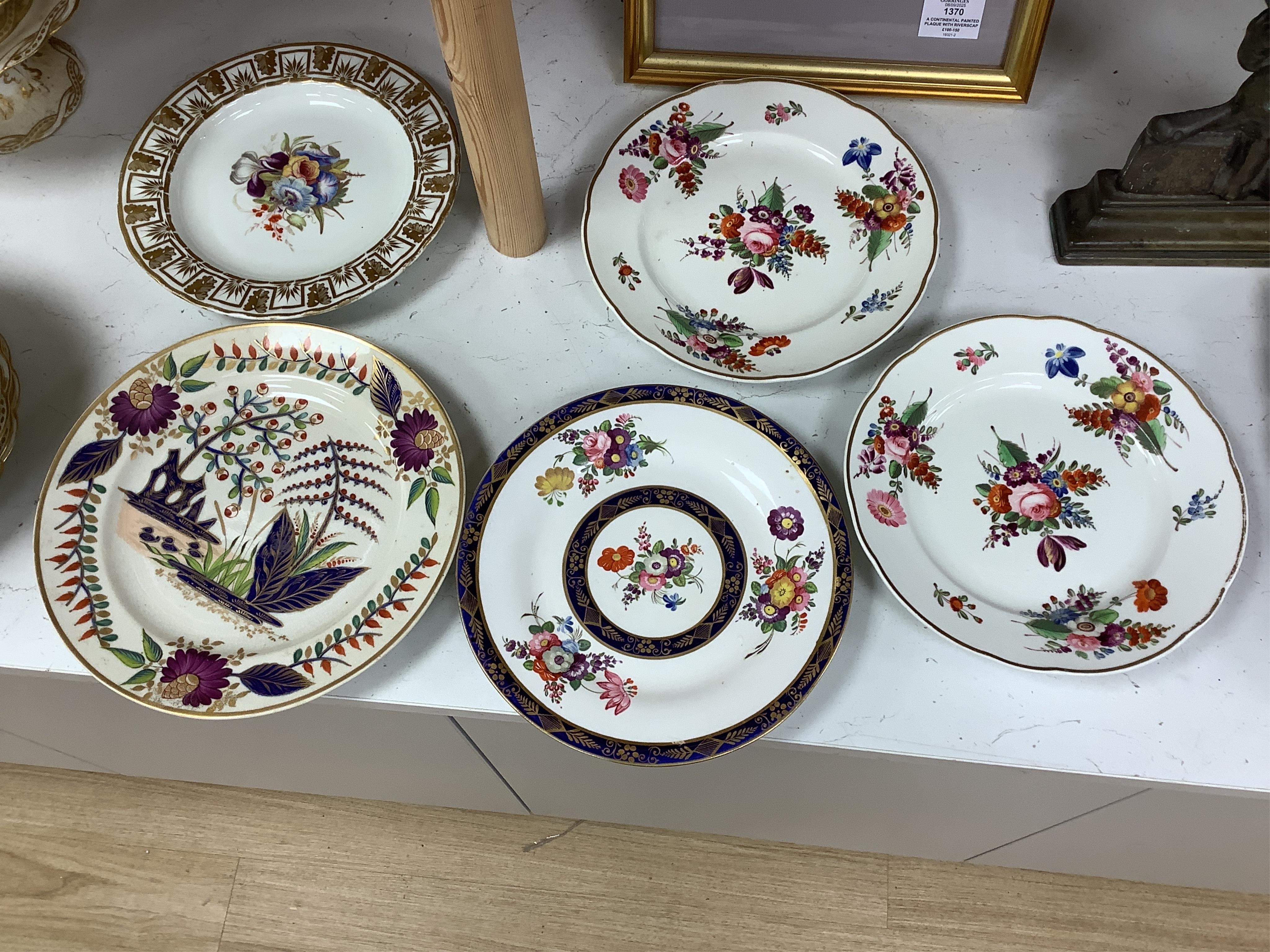 A collection of early 19th century English porcelain tea, dessert and dinner wares including Derby dessert plates, Bloor Derby, Barr Flight & Barr plate, Spode, Coalport etc.